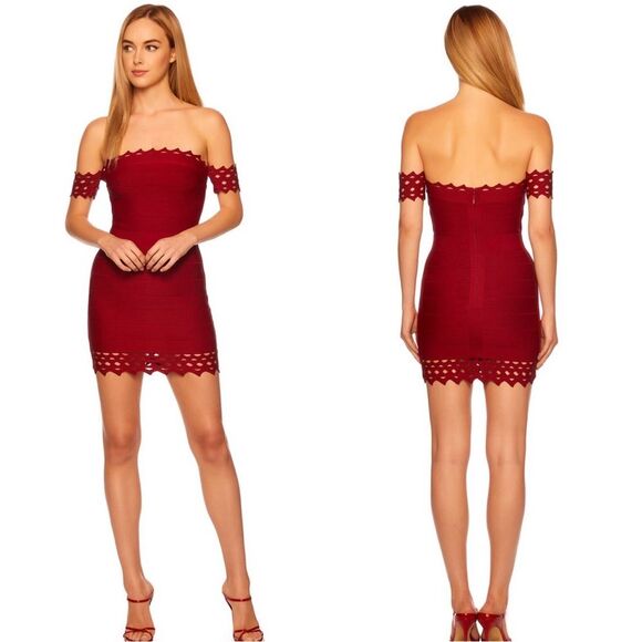 Susana Monaco Burgundy Red Bandage Eyelet Off Shoulder Dress Size Medium NWT - Picture 1 of 6